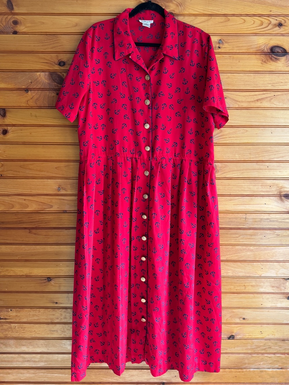 Vintage 90s Talbots Nautical Anchor Print Maxi Shirt Dress 18 Red Navy Coastal